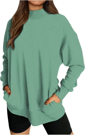 Womens Mock Neck Oversized Sweatshirts with Pockets Fleece Tops Pullover No Hood Sweater for Cold Freezing Weather