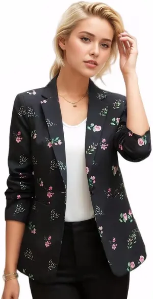 Women's Office Business Casual Lapel Collar, Buttons, Long Sleeved Suit Jacket Pockets Printing Blazer