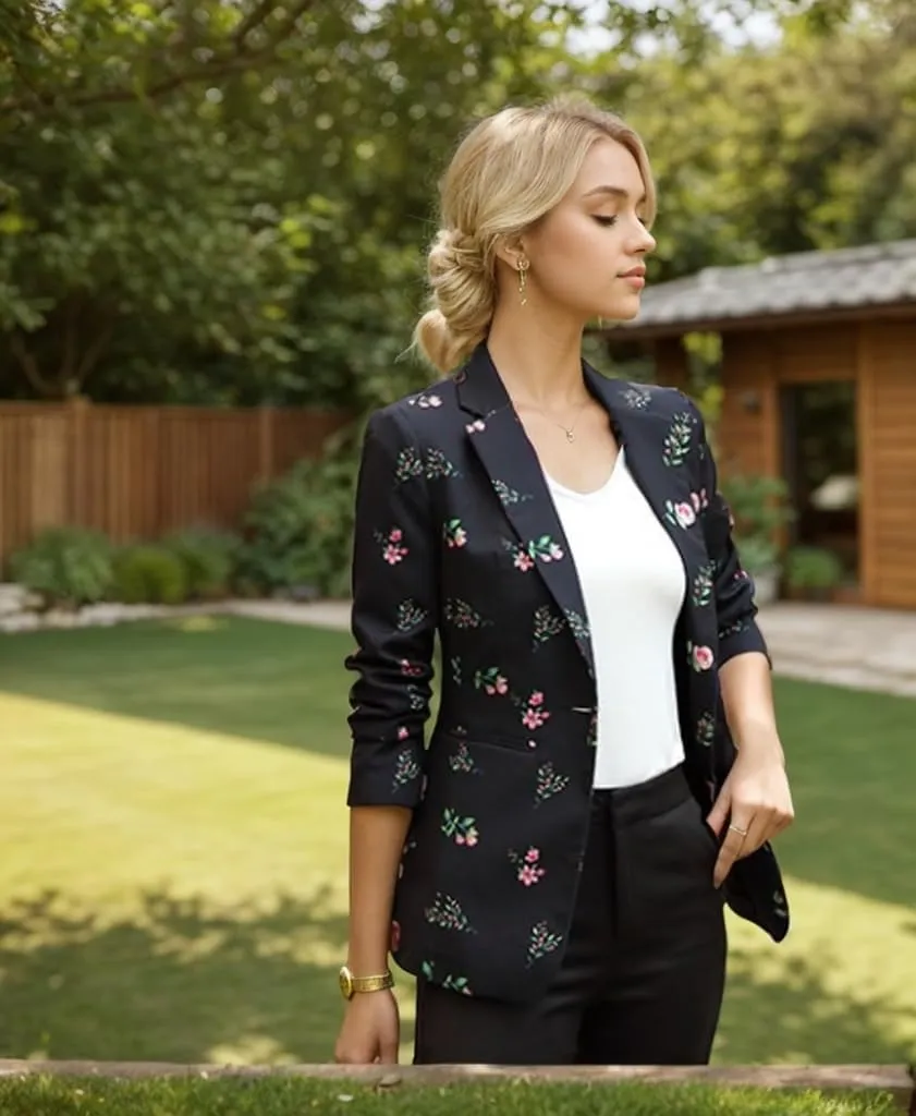 Women's Office Business Casual Lapel Collar, Buttons, Long Sleeved Suit Jacket Pockets Printing Blazer