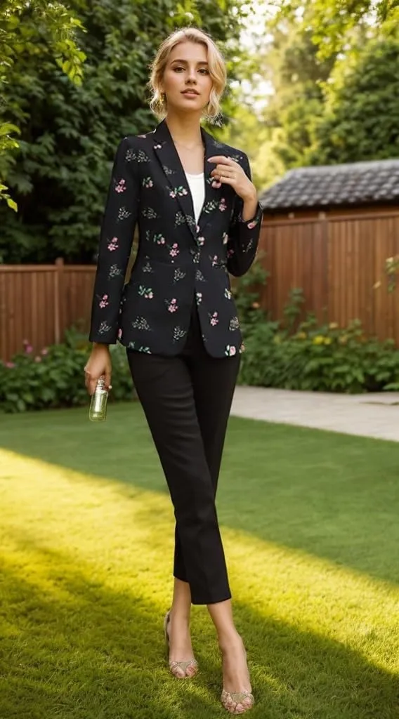 Women's Office Business Casual Lapel Collar, Buttons, Long Sleeved Suit Jacket Pockets Printing Blazer