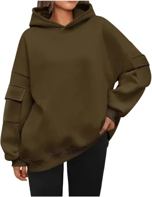 Womens Oversized Hoodies Cargo Pocketed Long Sleeve Crewneck Pullover Fall Winter Solid Drop Shoulder Sweatshirts