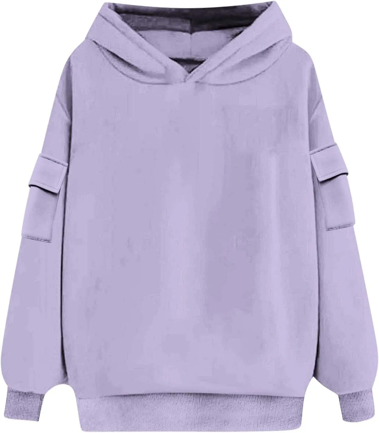 Womens Oversized Hoodies Cargo Pocketed Long Sleeve Crewneck Pullover Fall Winter Solid Drop Shoulder Sweatshirts