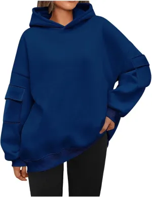 Womens Oversized Hoodies Cargo Pocketed Long Sleeve Crewneck Pullover Fall Winter Solid Drop Shoulder Sweatshirts