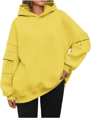 Womens Oversized Hoodies Cargo Pocketed Long Sleeve Crewneck Pullover Fall Winter Solid Drop Shoulder Sweatshirts
