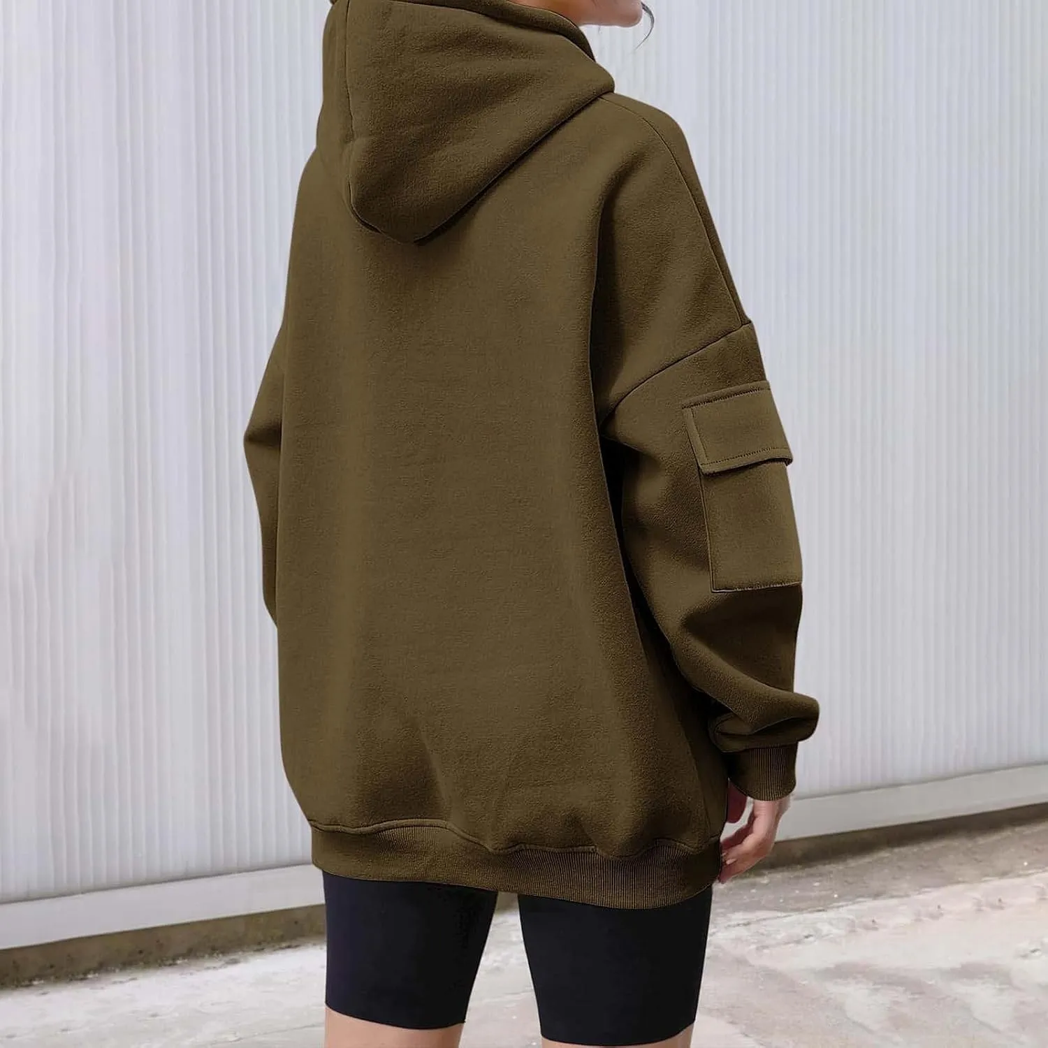 Womens Oversized Hoodies Cargo Pocketed Long Sleeve Crewneck Pullover Fall Winter Solid Drop Shoulder Sweatshirts