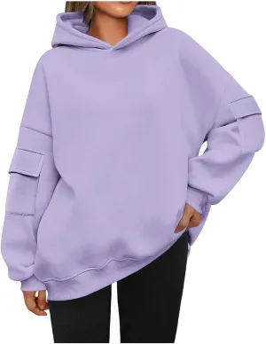 Womens Oversized Hoodies Cargo Pocketed Long Sleeve Crewneck Pullover Fall Winter Solid Drop Shoulder Sweatshirts