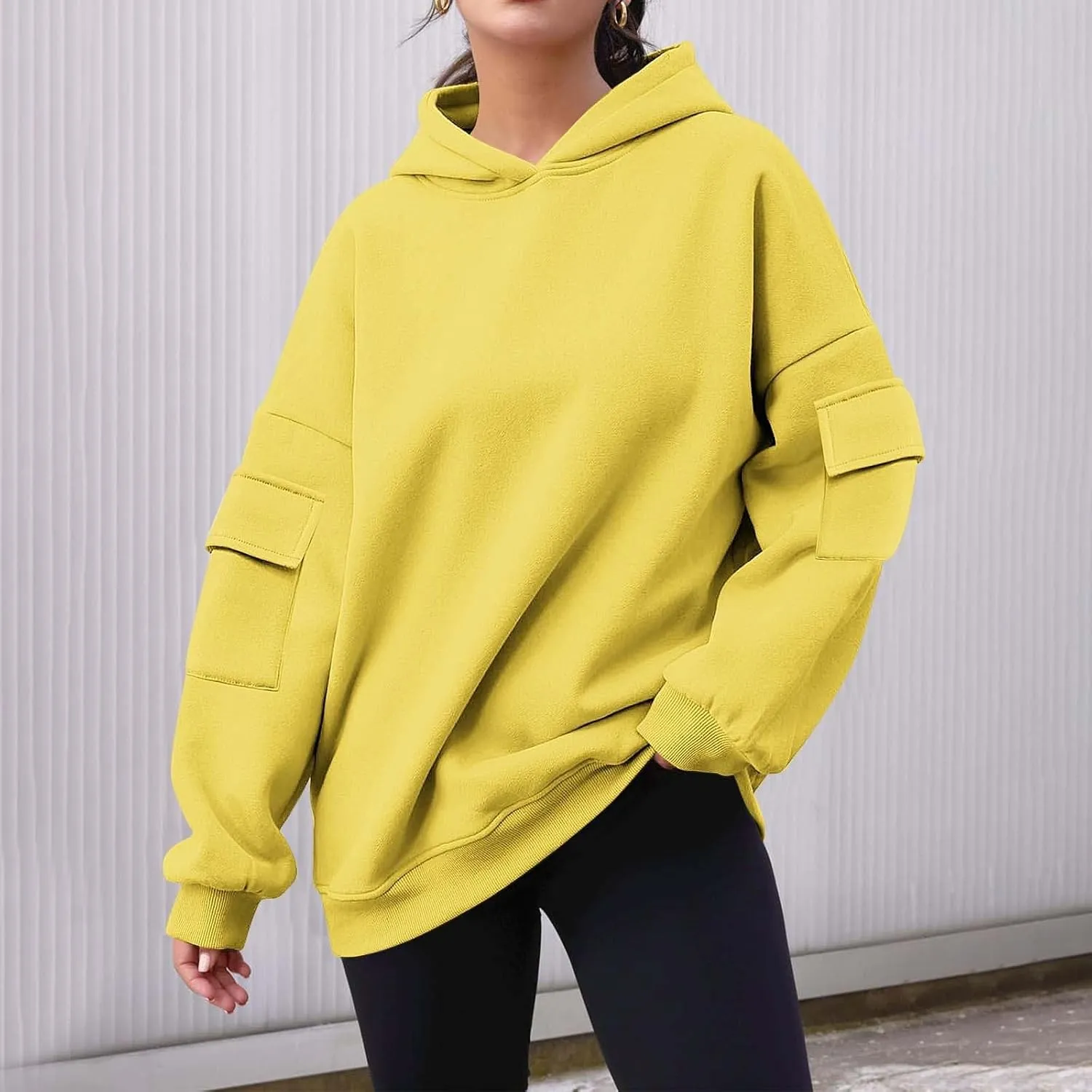 Womens Oversized Hoodies Cargo Pocketed Long Sleeve Crewneck Pullover Fall Winter Solid Drop Shoulder Sweatshirts