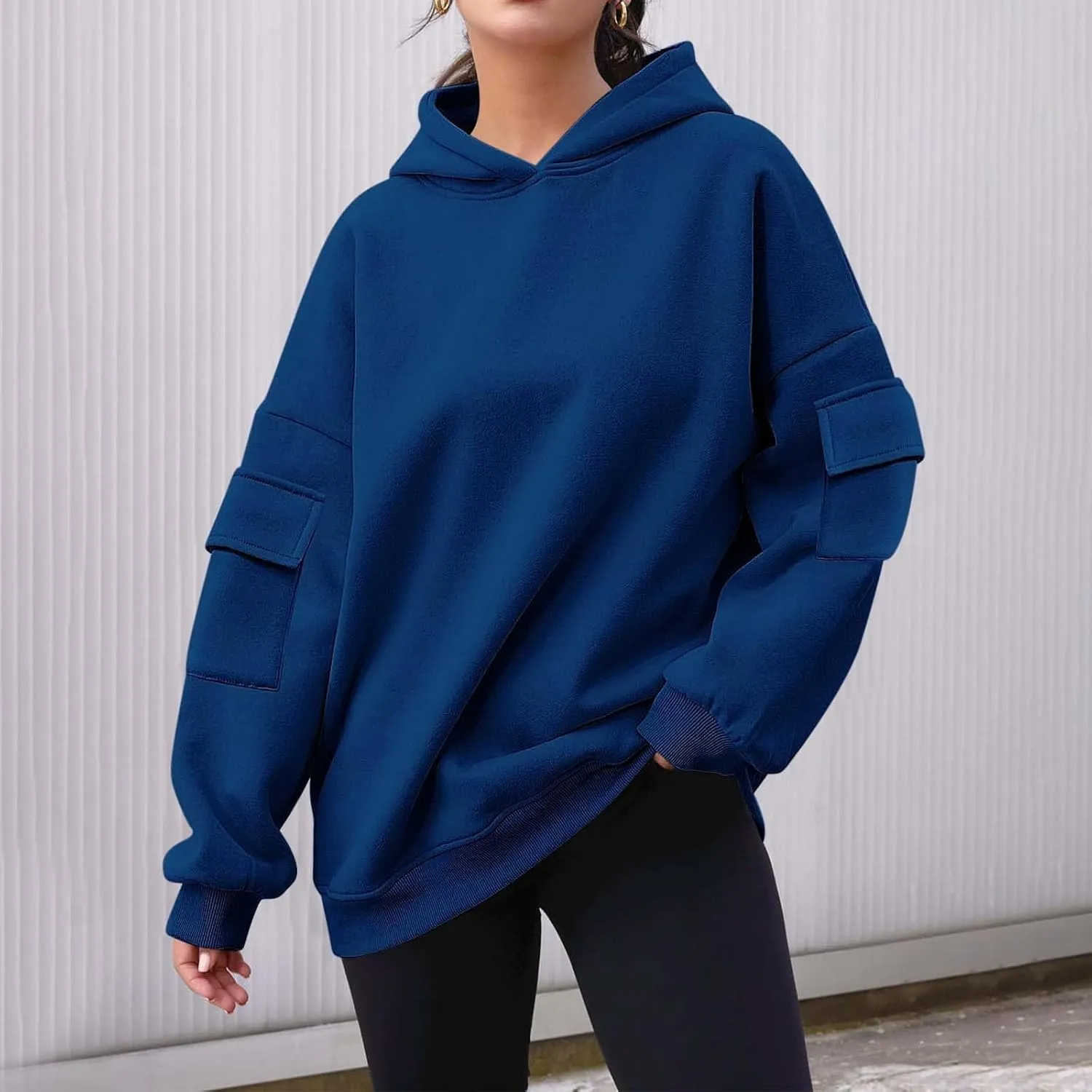 Womens Oversized Hoodies Cargo Pocketed Long Sleeve Crewneck Pullover Fall Winter Solid Drop Shoulder Sweatshirts