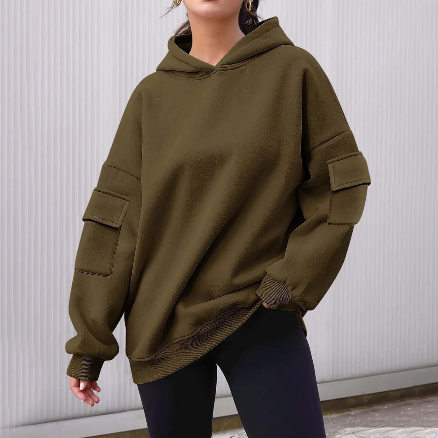 Womens Oversized Hoodies Cargo Pocketed Long Sleeve Crewneck Pullover Fall Winter Solid Drop Shoulder Sweatshirts
