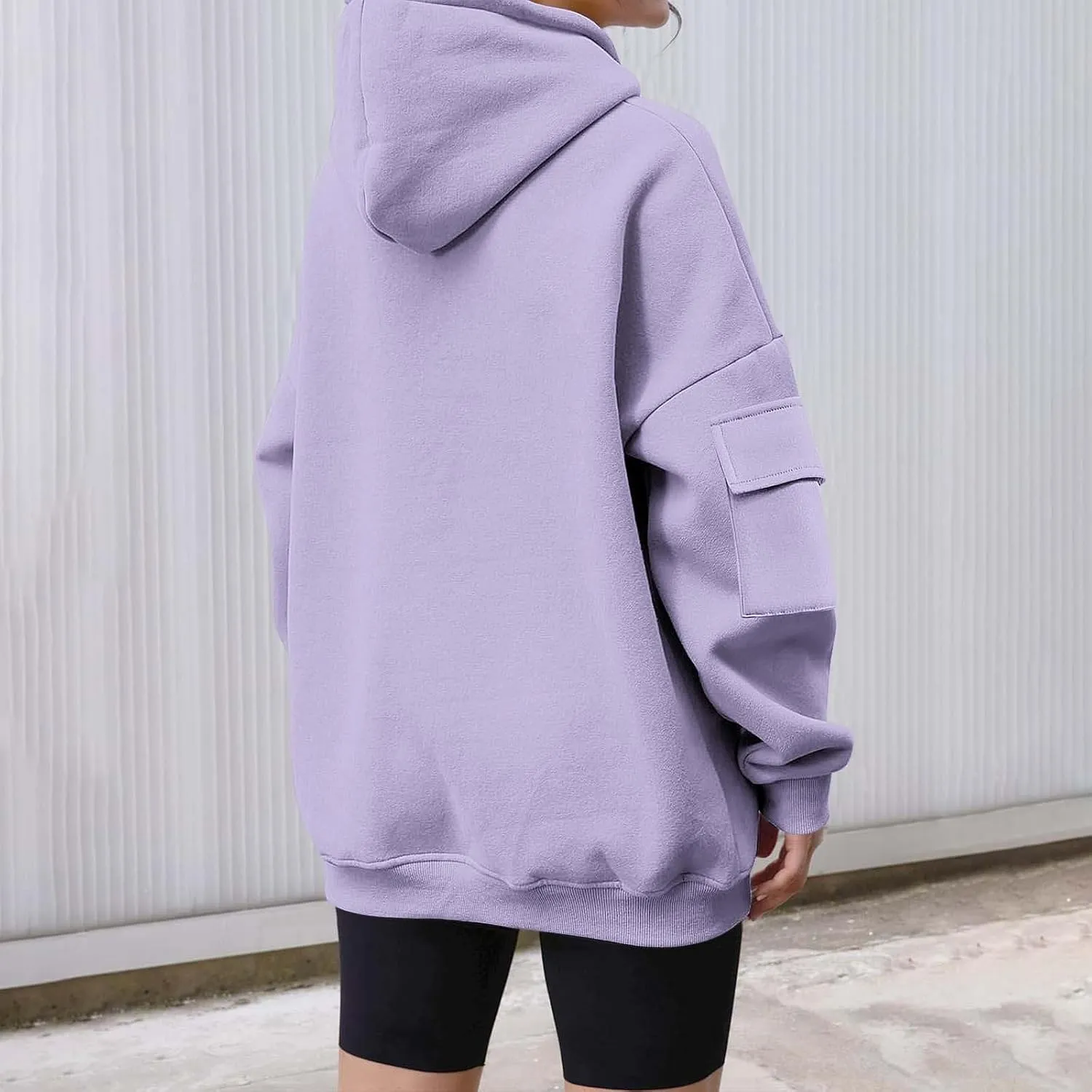 Womens Oversized Hoodies Cargo Pocketed Long Sleeve Crewneck Pullover Fall Winter Solid Drop Shoulder Sweatshirts