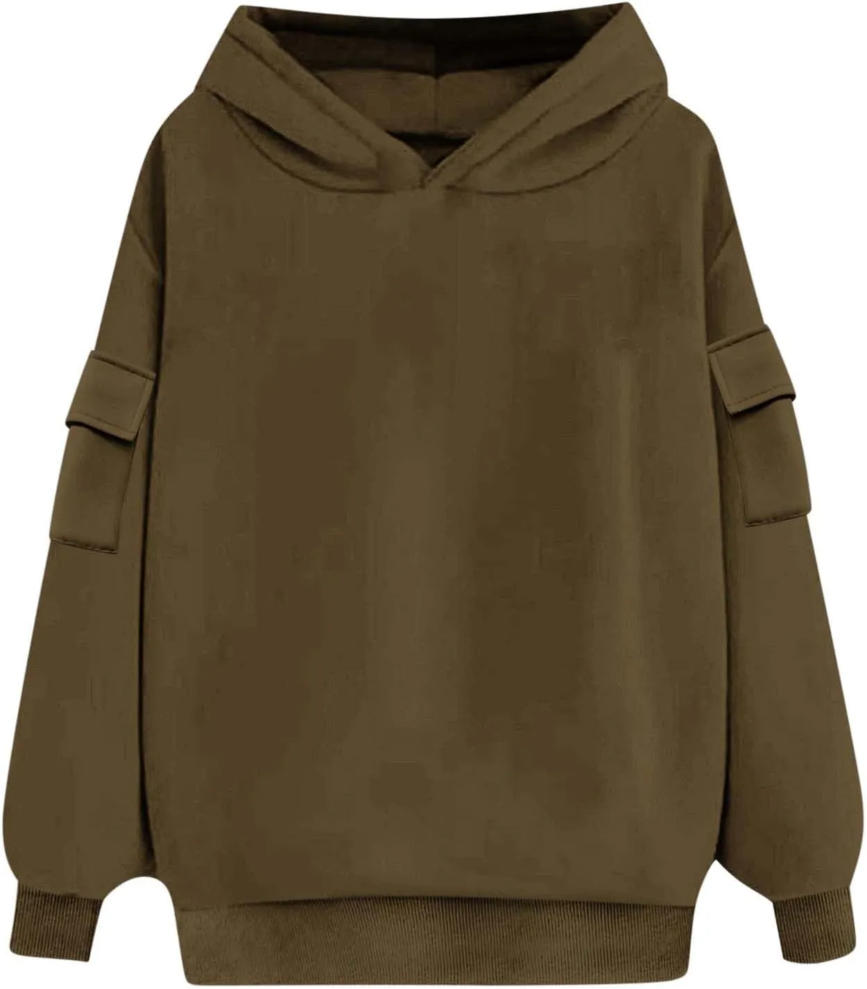Womens Oversized Hoodies Cargo Pocketed Long Sleeve Crewneck Pullover Fall Winter Solid Drop Shoulder Sweatshirts