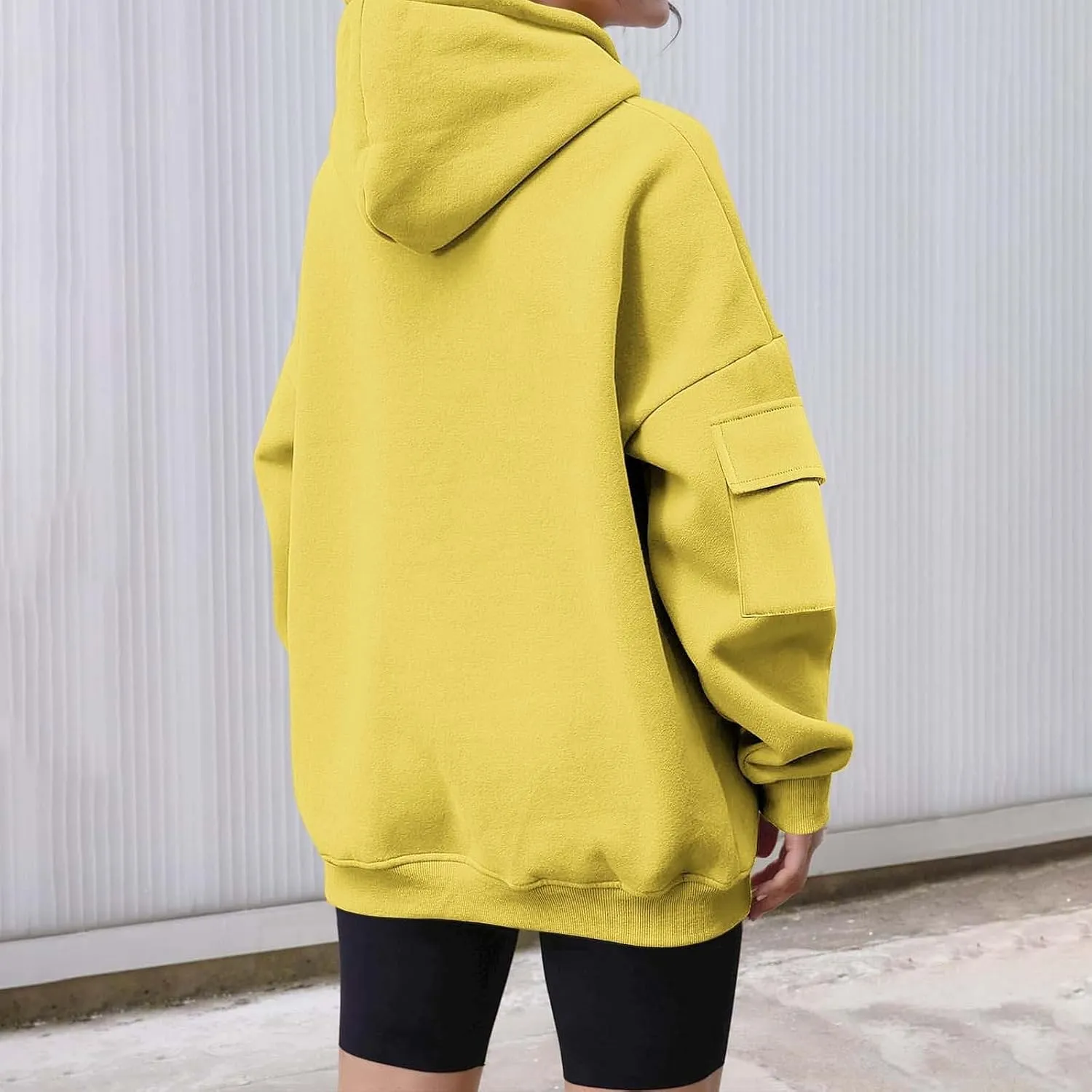 Womens Oversized Hoodies Cargo Pocketed Long Sleeve Crewneck Pullover Fall Winter Solid Drop Shoulder Sweatshirts