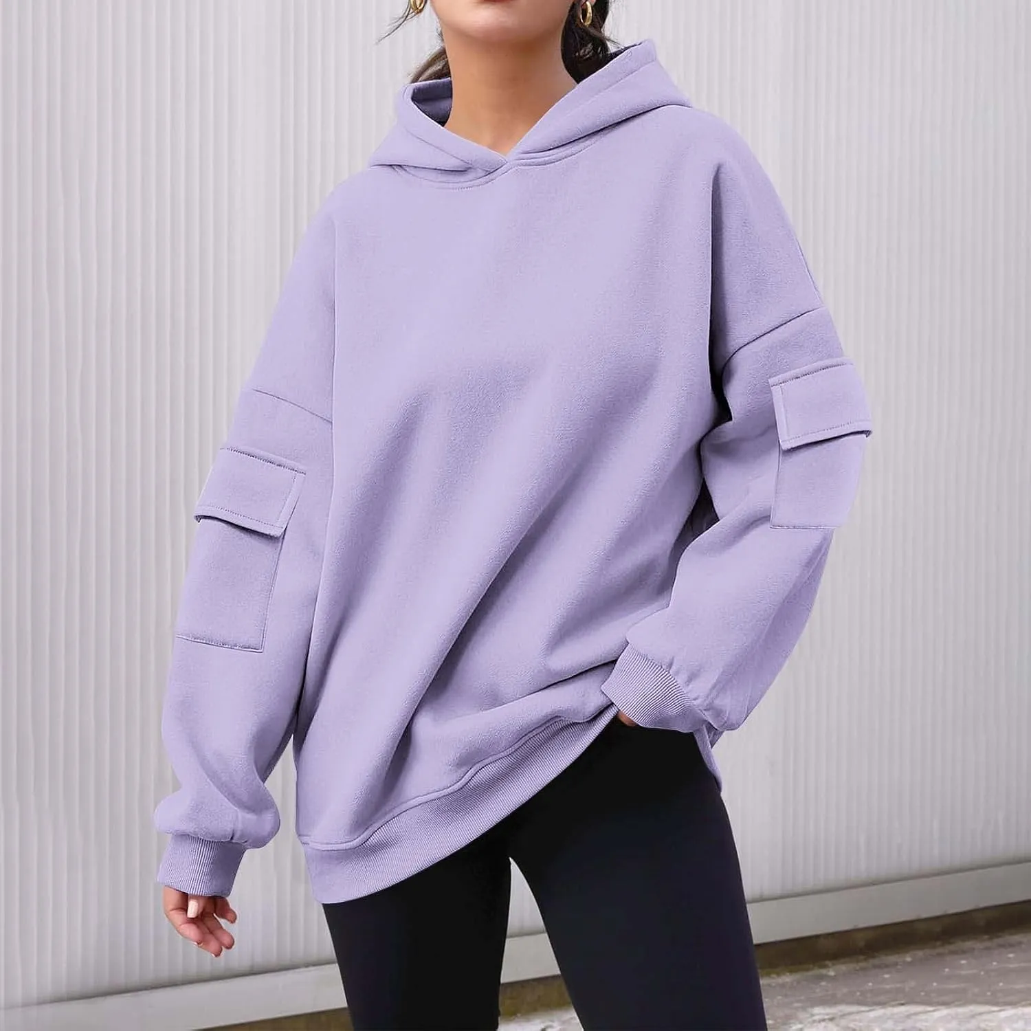 Womens Oversized Hoodies Cargo Pocketed Long Sleeve Crewneck Pullover Fall Winter Solid Drop Shoulder Sweatshirts