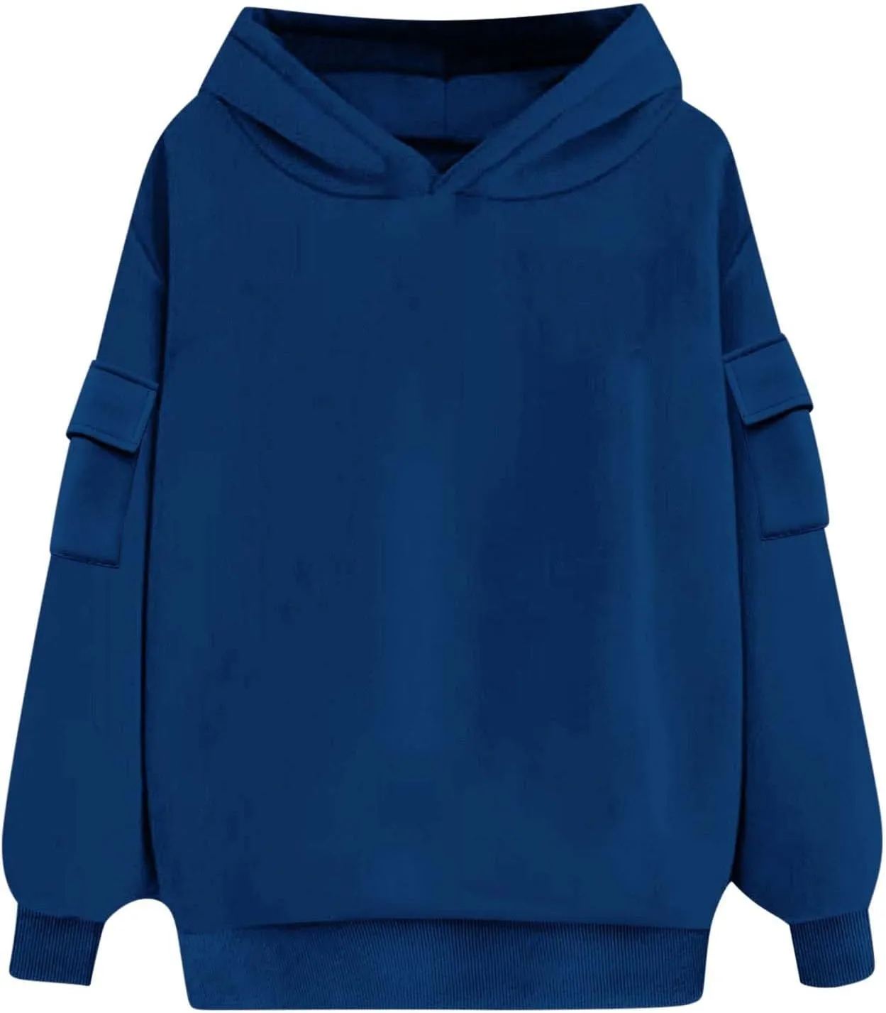 Womens Oversized Hoodies Cargo Pocketed Long Sleeve Crewneck Pullover Fall Winter Solid Drop Shoulder Sweatshirts