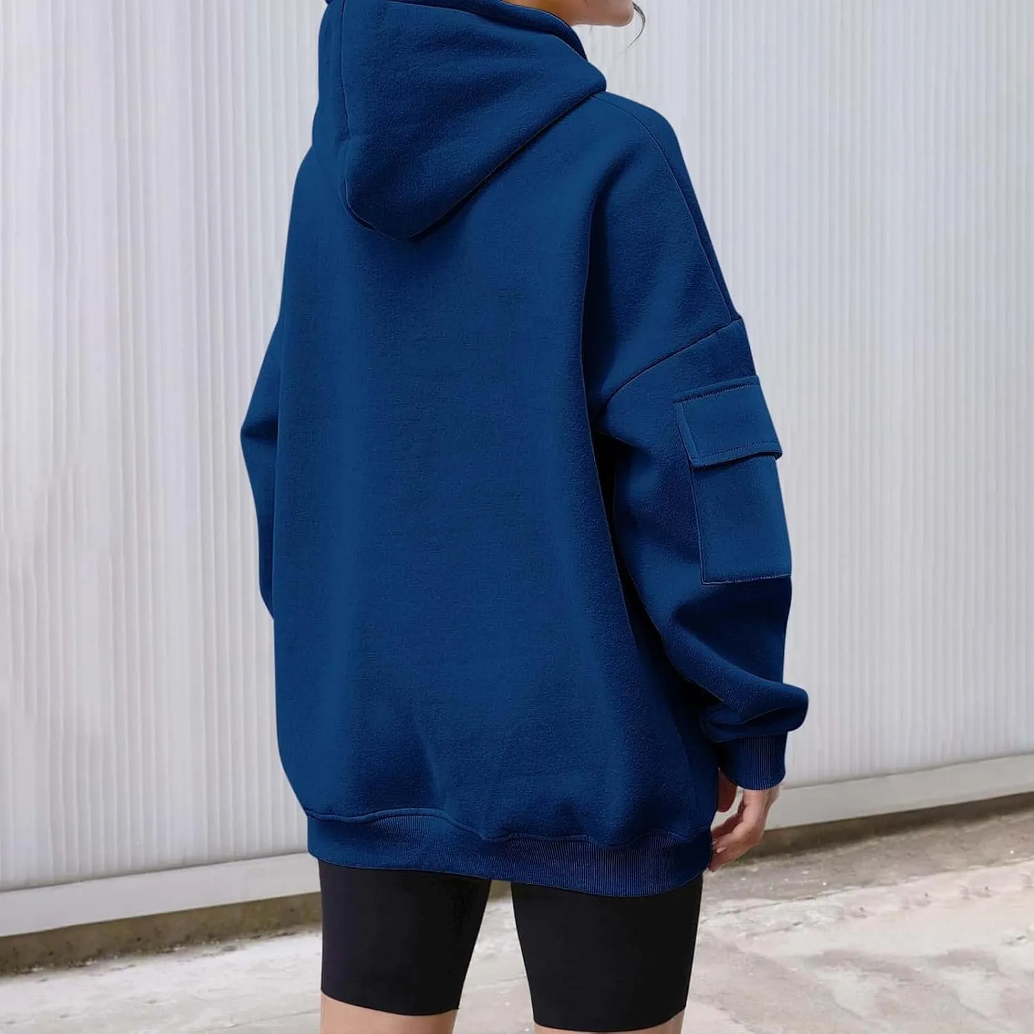 Womens Oversized Hoodies Cargo Pocketed Long Sleeve Crewneck Pullover Fall Winter Solid Drop Shoulder Sweatshirts