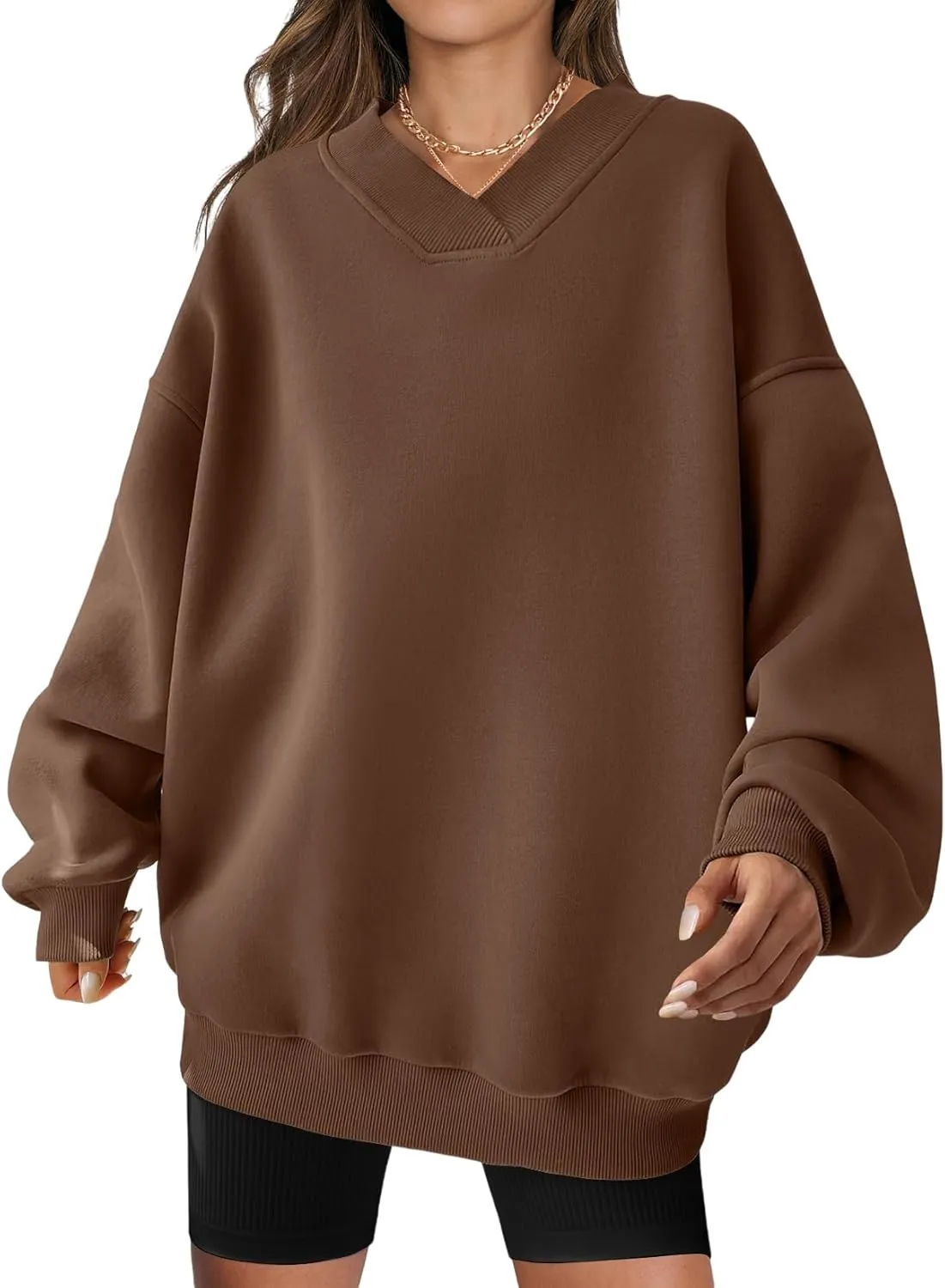 Womens Oversized Sweatshirt Hoodies Casual V Neck Long Sleeve Shirts Fleece Pullover Tops Fall Teens Preppy Clothes