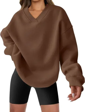 Womens Oversized Sweatshirt Hoodies Casual V Neck Long Sleeve Shirts Fleece Pullover Tops Fall Teens Preppy Clothes