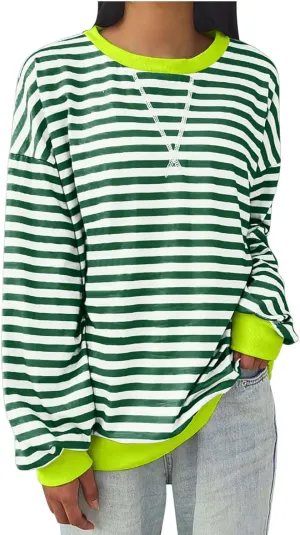 Womens Oversized Sweatshirt Long Sleeve Striped Sweatshirts Loose Fit Pullover Top Fashion Y2k Clothes Fall Outfits