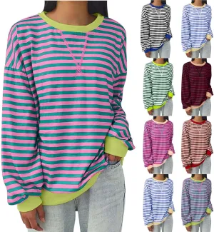 Womens Oversized Sweatshirt Long Sleeve Striped Sweatshirts Loose Fit Pullover Top Fashion Y2k Clothes Fall Outfits