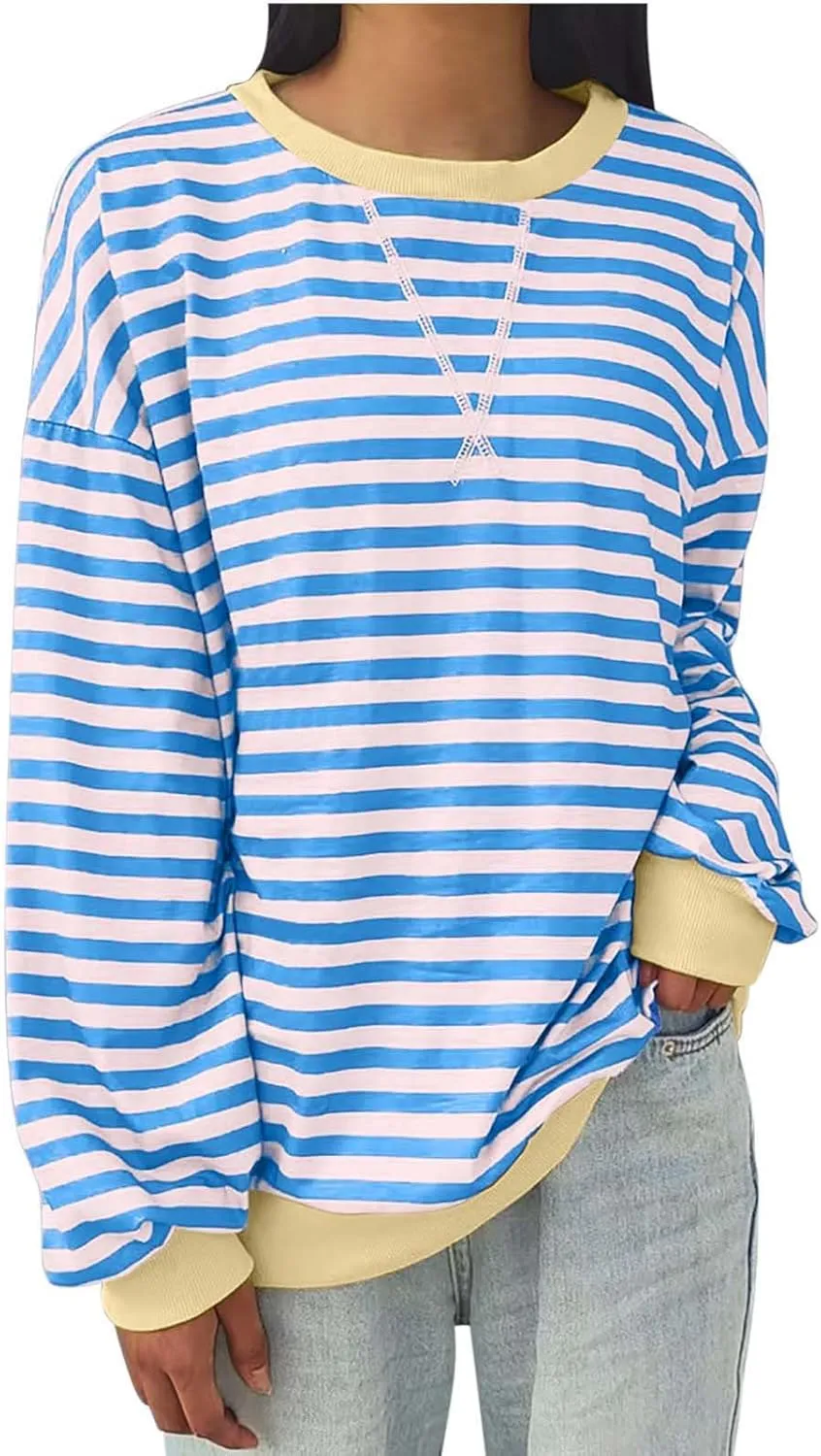 Womens Oversized Sweatshirt Long Sleeve Striped Sweatshirts Loose Fit Pullover Top Fashion Y2k Clothes Fall Outfits