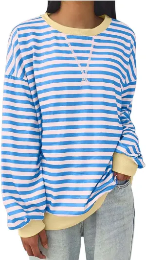 Womens Oversized Sweatshirt Long Sleeve Striped Sweatshirts Loose Fit Pullover Top Fashion Y2k Clothes Fall Outfits