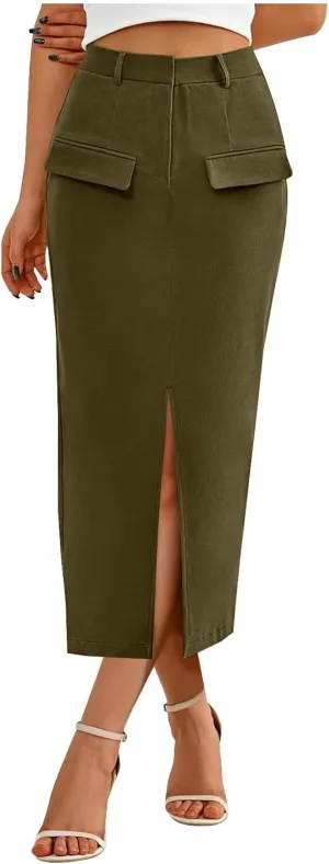 Women's Pencil Skirts Mid Long High Waist A line Midi Skirt Split Hem Skirts for Ladies Office Business Work Dress