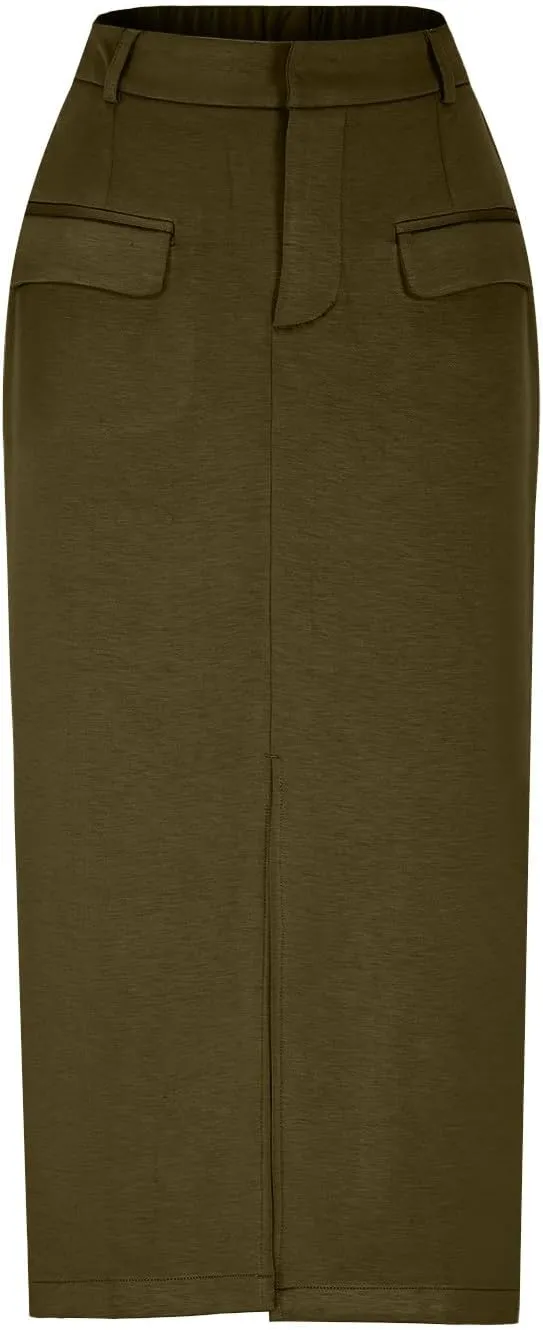 Women's Pencil Skirts Mid Long High Waist A line Midi Skirt Split Hem Skirts for Ladies Office Business Work Dress