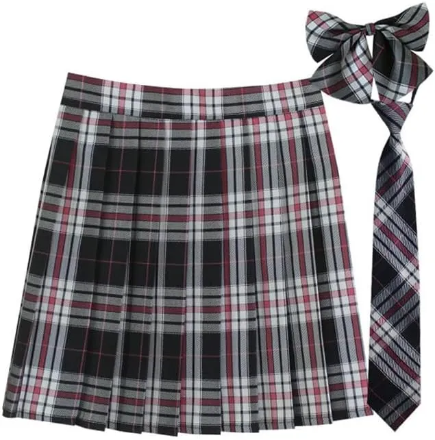Women's Plaid Pleated Skirt Vintage High Waisted Uniform Preppy A-line Mini Skirts Fashion Short Skirt with Ties