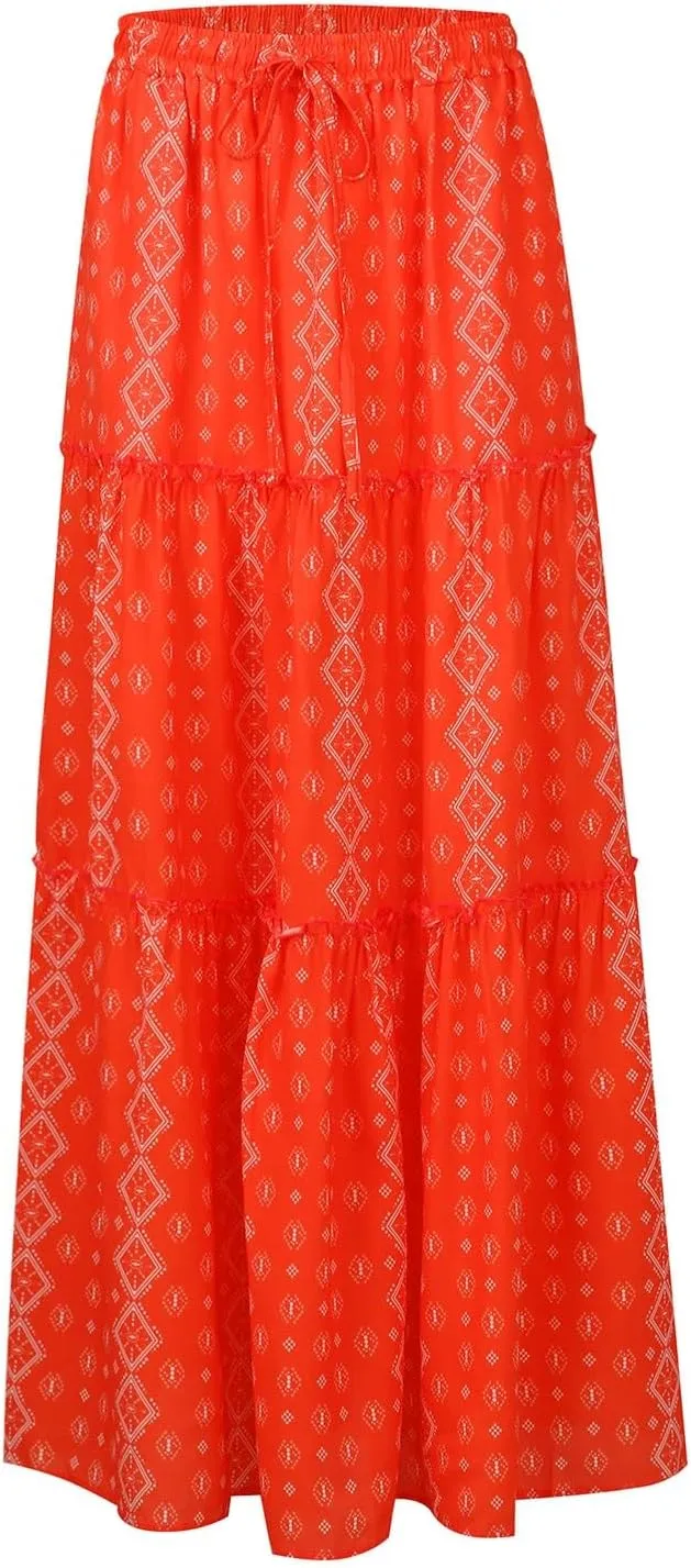 Womens Pleated A-Line Elastic High Waist Maxi Skirt 2025 Summer Casual Trendy Flowy Swing Boho Long Beach Dress