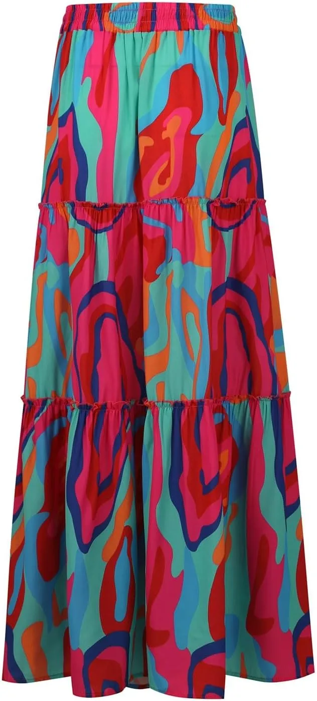 Womens Pleated A-Line Elastic High Waist Maxi Skirt 2025 Summer Casual Trendy Flowy Swing Boho Long Beach Dress