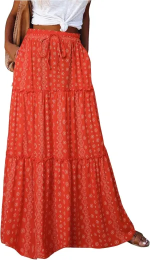 Womens Pleated A-Line Elastic High Waist Maxi Skirt 2025 Summer Casual Trendy Flowy Swing Boho Long Beach Dress