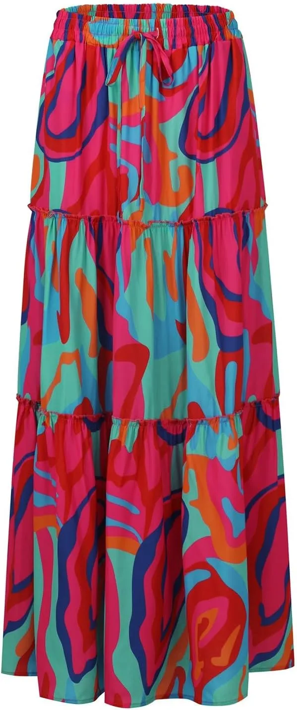Womens Pleated A-Line Elastic High Waist Maxi Skirt 2025 Summer Casual Trendy Flowy Swing Boho Long Beach Dress