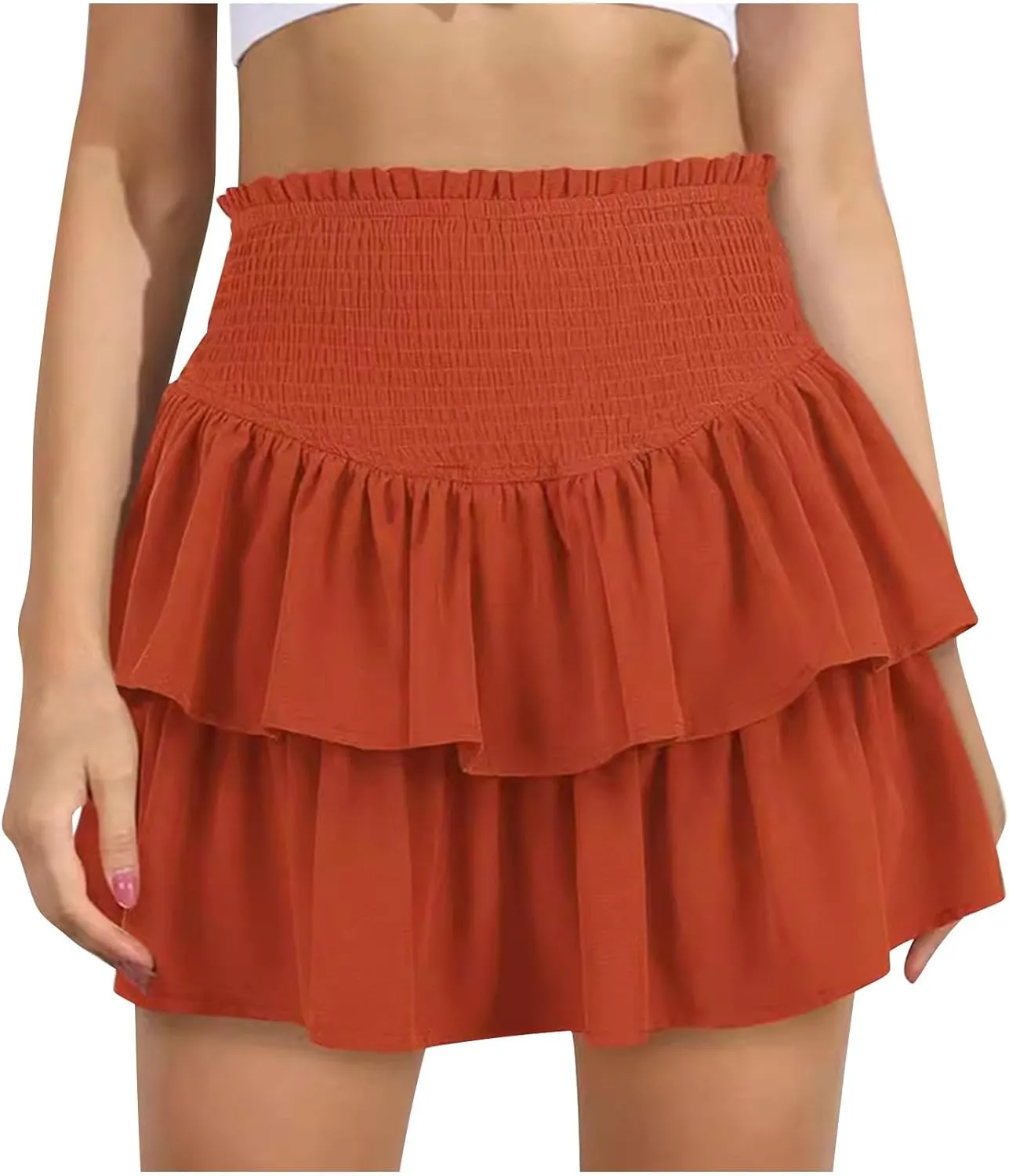 Women's Pleated Skirts High Waisted Layered Ruffle Curvy Hem Tiered Skirt Solid Color Sports Running Skirts