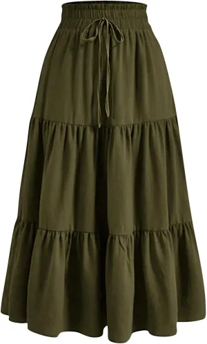 Women's Pleated Skirts Summer Casual Loose Trendy Elastic Waist Floral Print Bohemian Sun A-Line Maxi Skirt, S-XL