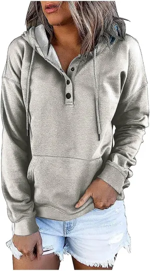 Womens Plus Size Hooded Tops Button-Up Collar Drawstring Hoodies Pullover Casual Solid Long Sleeve Sweatshirts