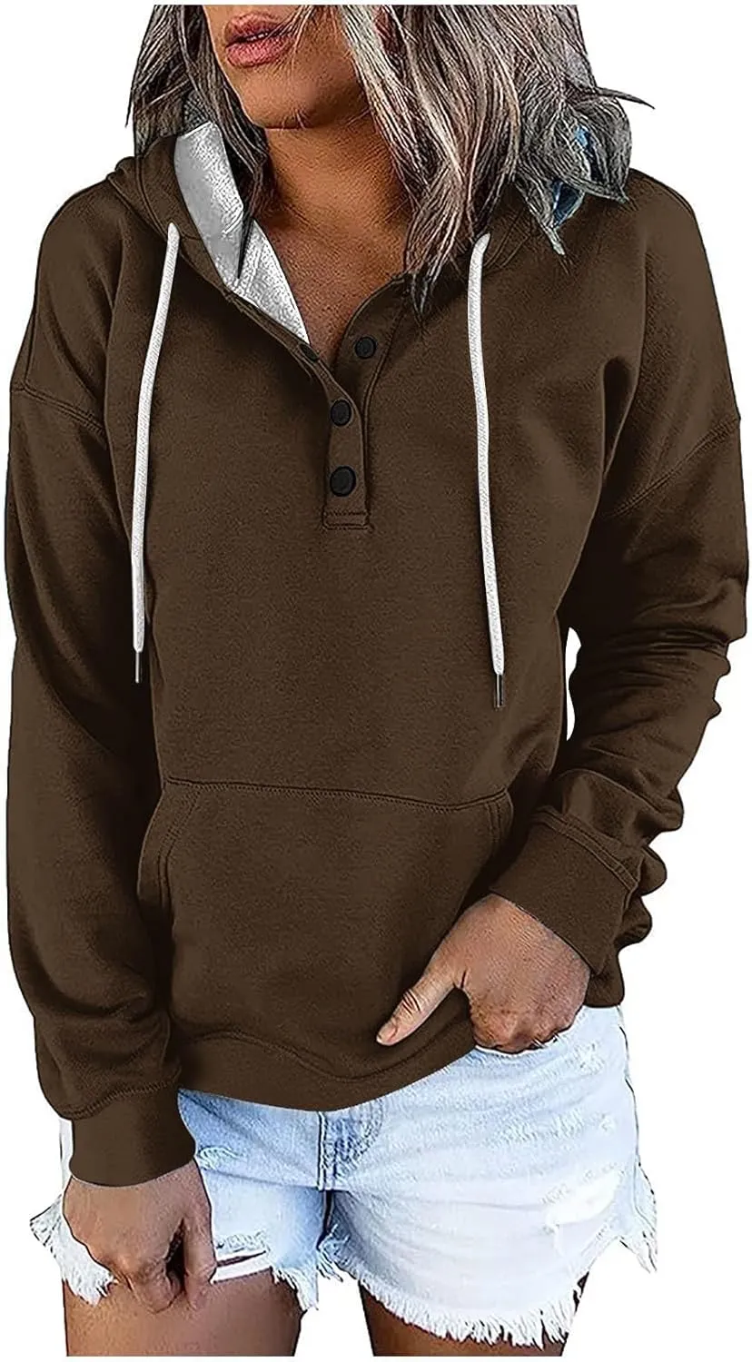 Womens Plus Size Hooded Tops Button-Up Collar Drawstring Hoodies Pullover Casual Solid Long Sleeve Sweatshirts