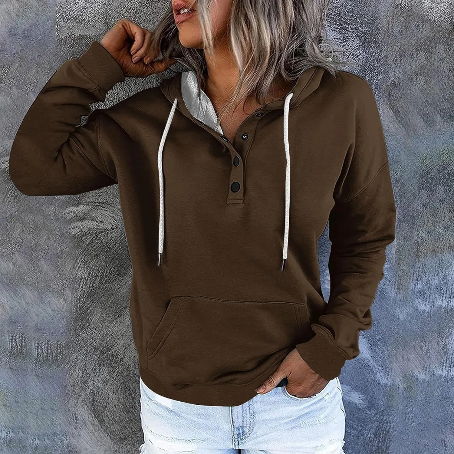 Womens Plus Size Hooded Tops Button-Up Collar Drawstring Hoodies Pullover Casual Solid Long Sleeve Sweatshirts