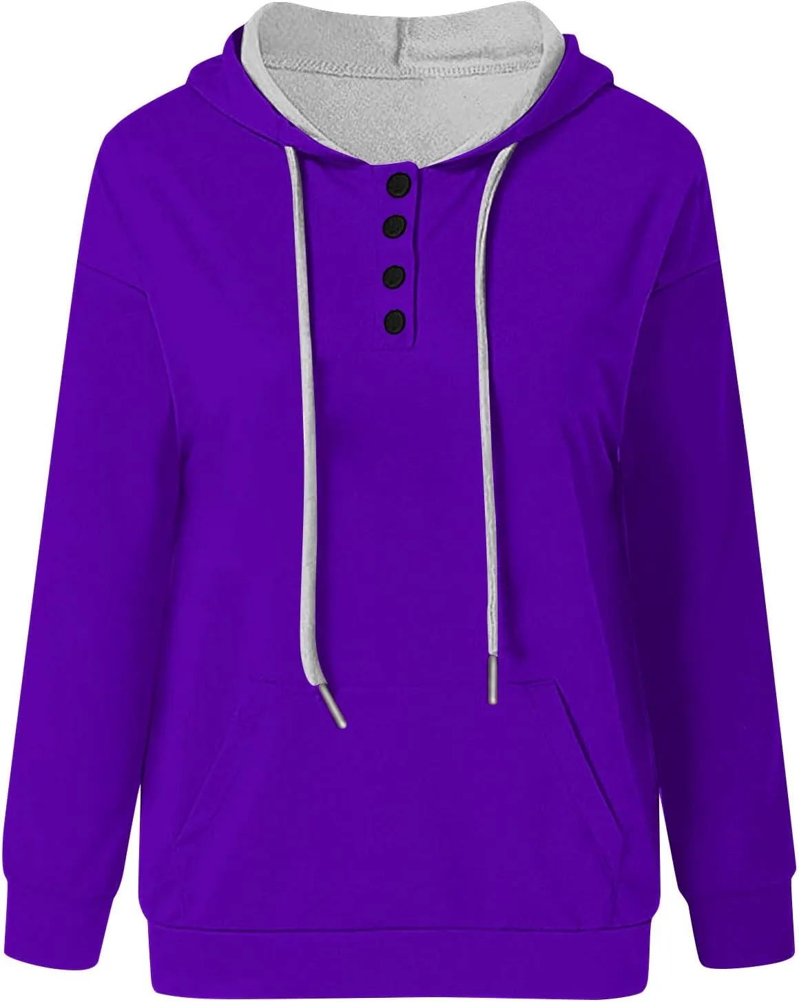 Womens Plus Size Hooded Tops Button-Up Collar Drawstring Hoodies Pullover Casual Solid Long Sleeve Sweatshirts