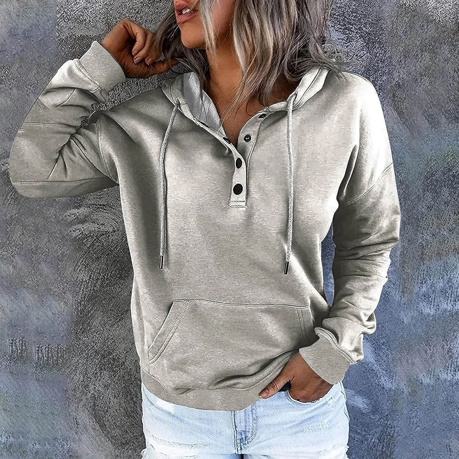 Womens Plus Size Hooded Tops Button-Up Collar Drawstring Hoodies Pullover Casual Solid Long Sleeve Sweatshirts