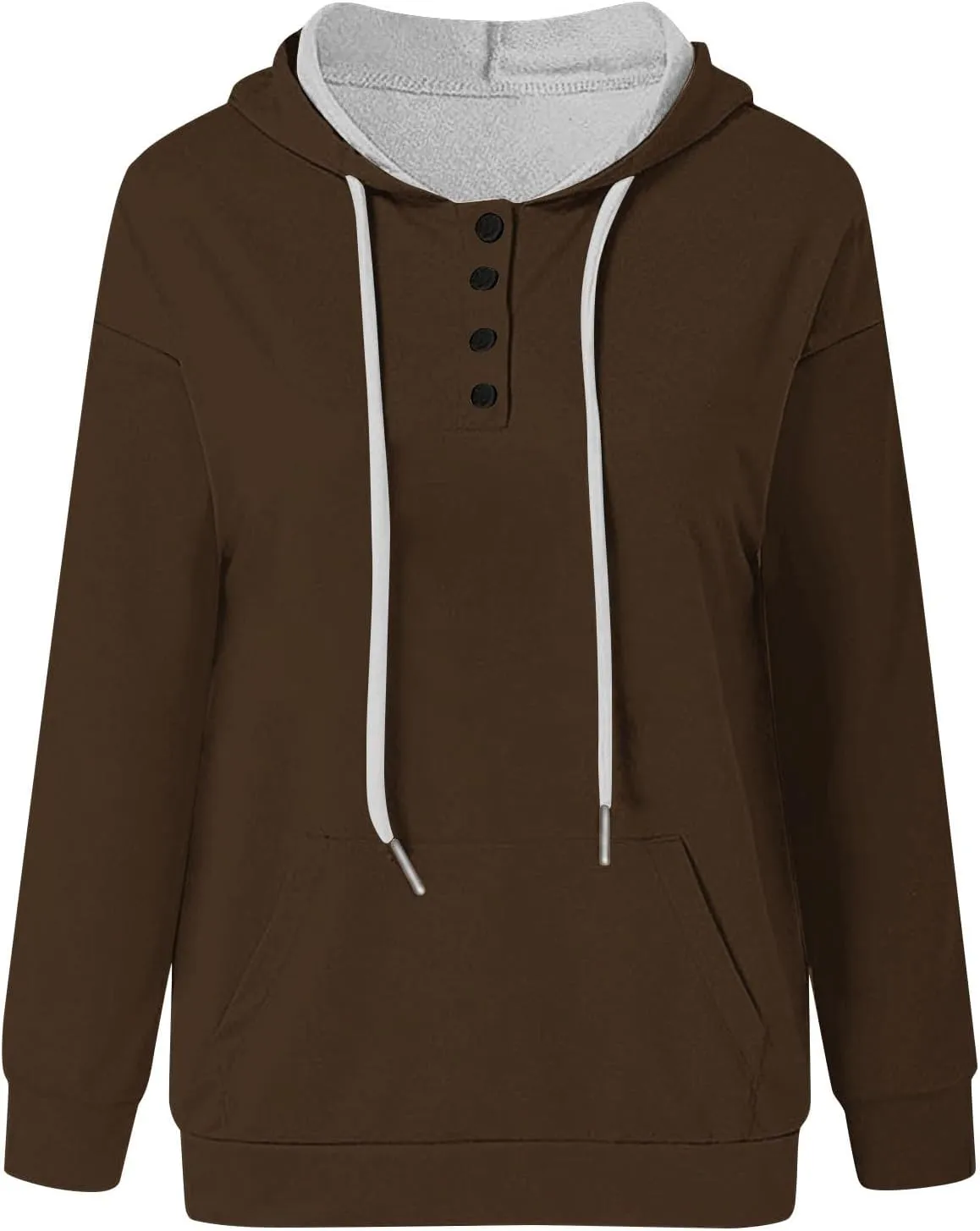 Womens Plus Size Hooded Tops Button-Up Collar Drawstring Hoodies Pullover Casual Solid Long Sleeve Sweatshirts