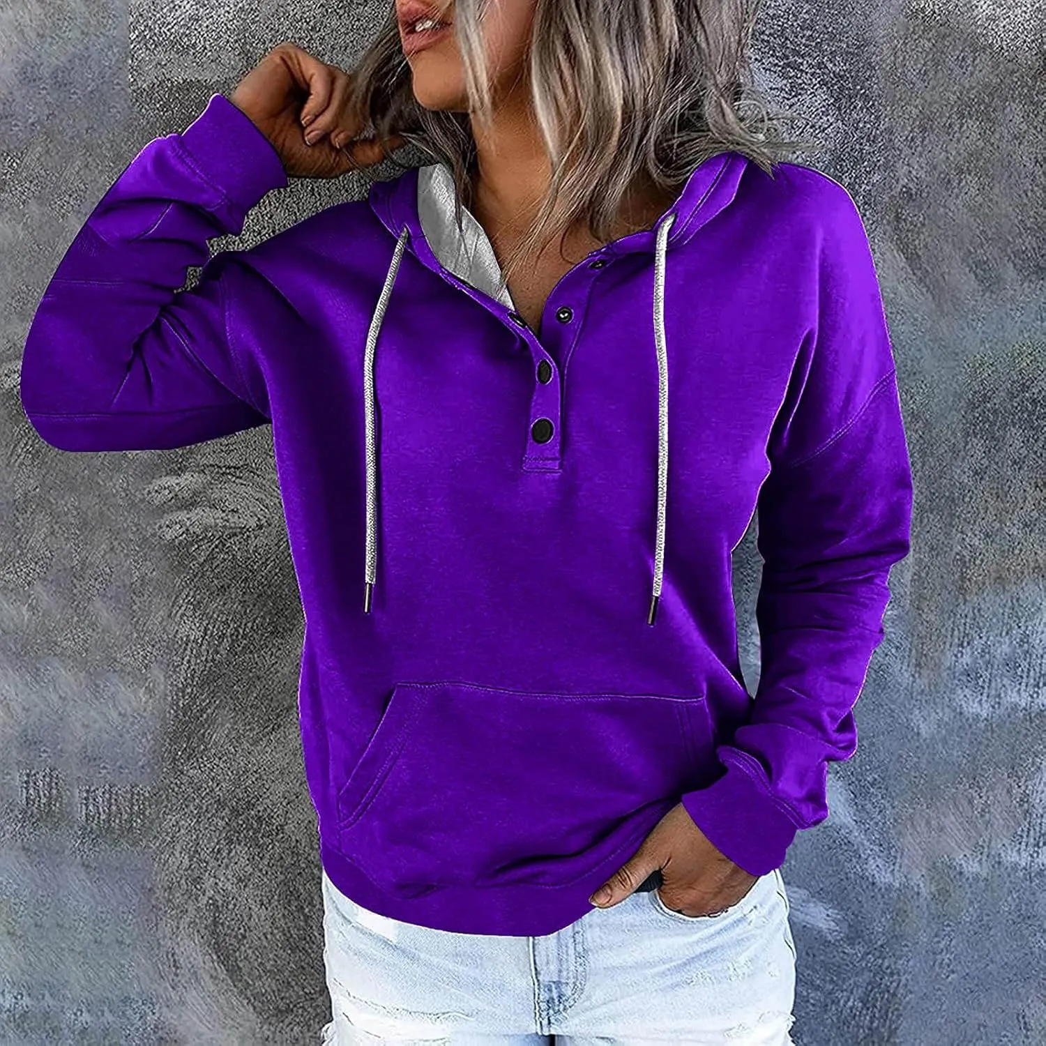 Womens Plus Size Hooded Tops Button-Up Collar Drawstring Hoodies Pullover Casual Solid Long Sleeve Sweatshirts