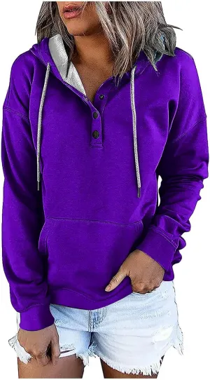Womens Plus Size Hooded Tops Button-Up Collar Drawstring Hoodies Pullover Casual Solid Long Sleeve Sweatshirts