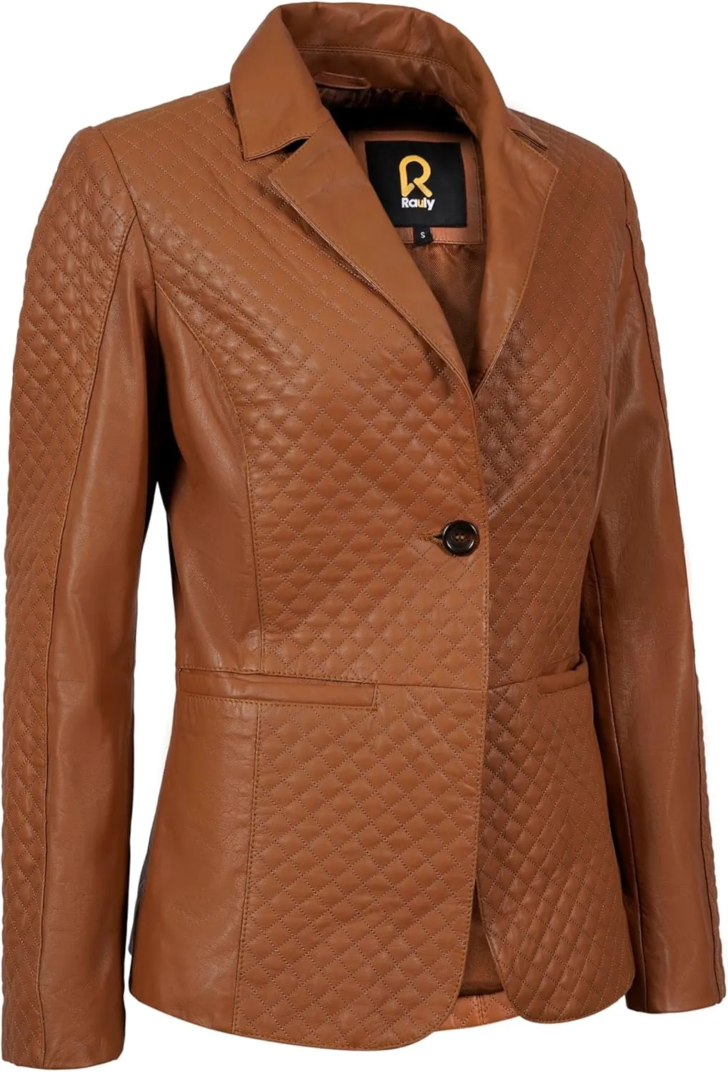 Womens Quilted Front Lambskin Leather Blazer Women - Casual Coat Long Sleeves Suit Style Leather Jacket for Women