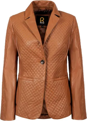 Womens Quilted Front Lambskin Leather Blazer Women - Casual Coat Long Sleeves Suit Style Leather Jacket for Women
