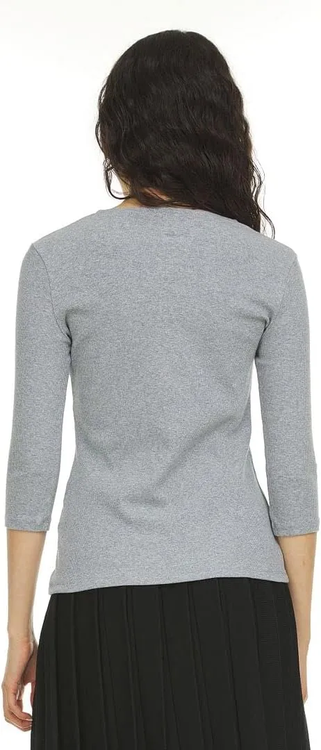 Womens Ribbed Cotton 3/4 Sleeve Work Casual Henley T-Shirt Top
