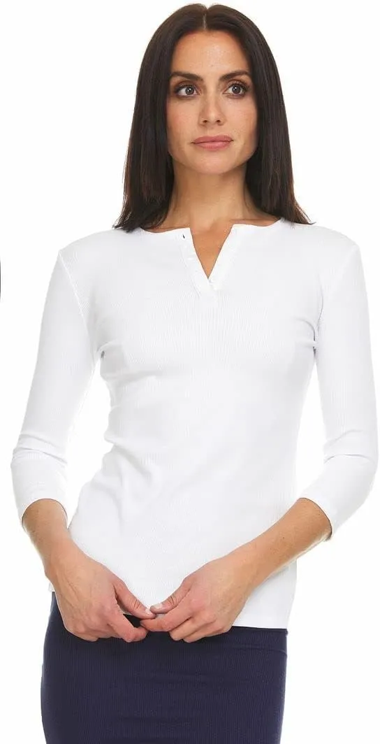 Womens Ribbed Cotton 3/4 Sleeve Work Casual Henley T-Shirt Top