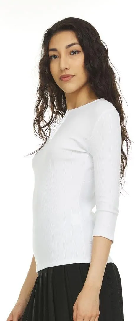 Womens Ribbed Cotton 3/4 Sleeve Work Casual Henley T-Shirt Top