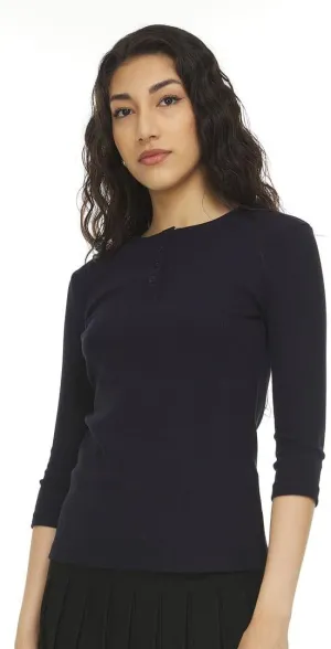 Womens Ribbed Cotton 3/4 Sleeve Work Casual Henley T-Shirt Top