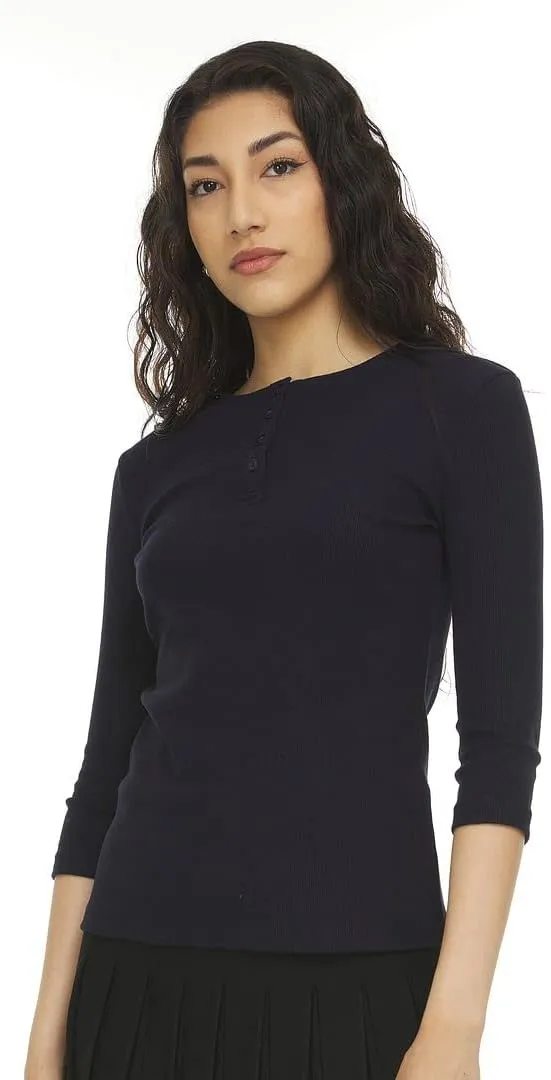 Womens Ribbed Cotton 3/4 Sleeve Work Casual Henley T-Shirt Top