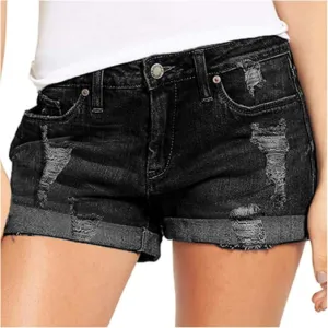 Womens Ripped Denim Jean Shorts High Waisted Stretchy Folded Hem Short Jeans Summer Casual Plus Size Baggy Y2K Shorts